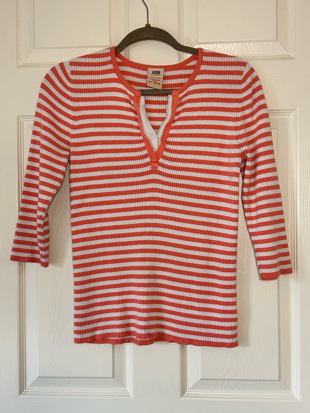 Faded Glory Orange White Striped Ribbed Henley Top 3/4 Sleeve - Size XL